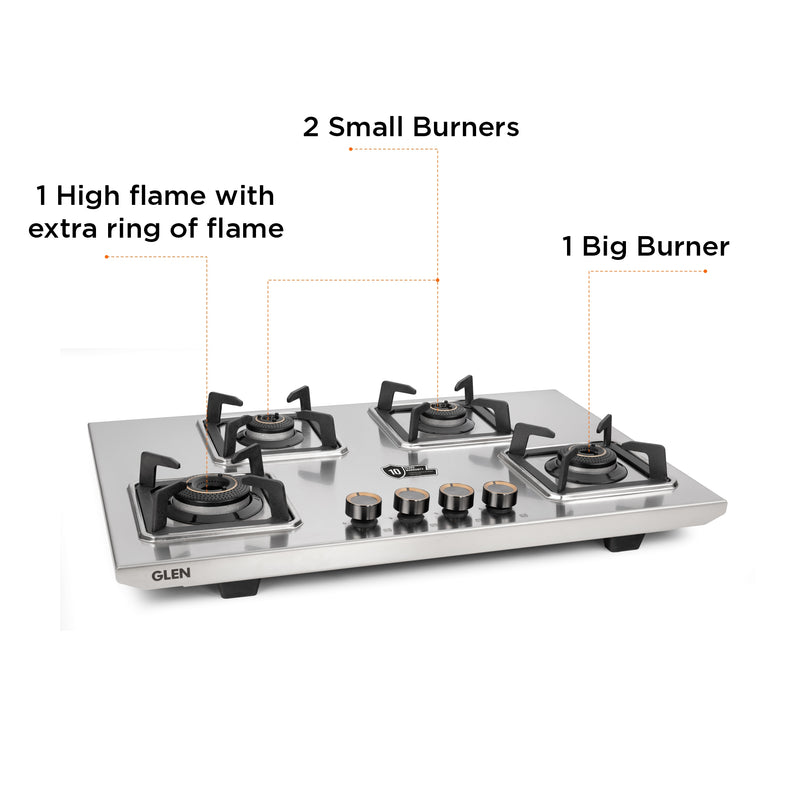4 Burner Ultra Tuff Stainless Steel Gas Stove with High Efficiency Forged Brass Burners, Top Knobs - Manual/Auto Ignition (CT1054UTTNDTSS)