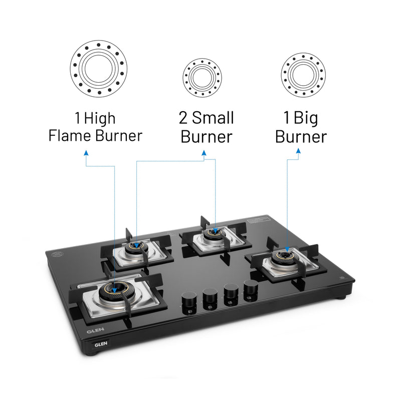 4 Burner Ultra Slim Glass Gas Stove with High Efficiency Forged Brass Burners Top Knobs - Manual/Auto Ignition (CT1045USTN)