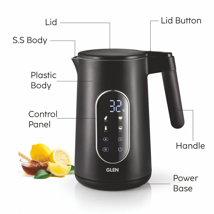 Electric Kettle 1.5 Litre with Digital Display Touch Control and 4 Pre Set Functions, Auto Shutoff, 2000W (SA-9009SSBL)