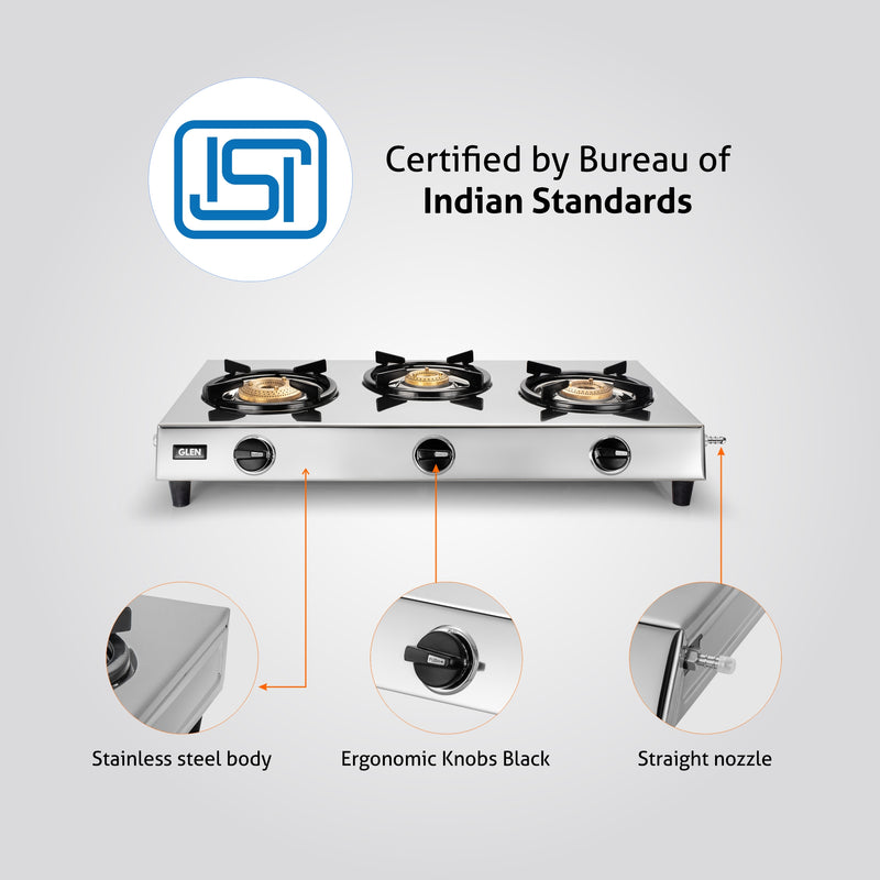 3 Burner Stainless Steel Gas Stove with High Flame Brass Burner (CT1036SSHFBB)
