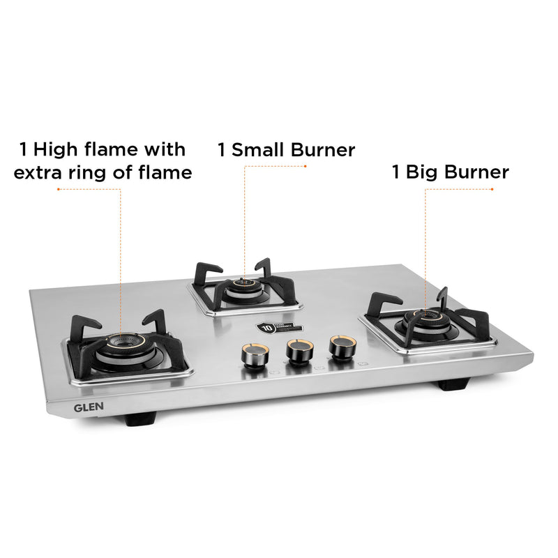 3 Burner Ultra Tuff Stainless Steel Gas Stove with High Efficiency Forged Brass Burners, Top Knobs - Manual/Auto Ignition (CT1053UTTNDTSS)