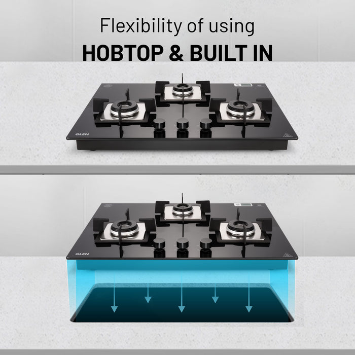 3 Burner Glass Hob Top with with Italian Double Ring Burners Auto Ignition (BH 1073 SQ HT IN 70)