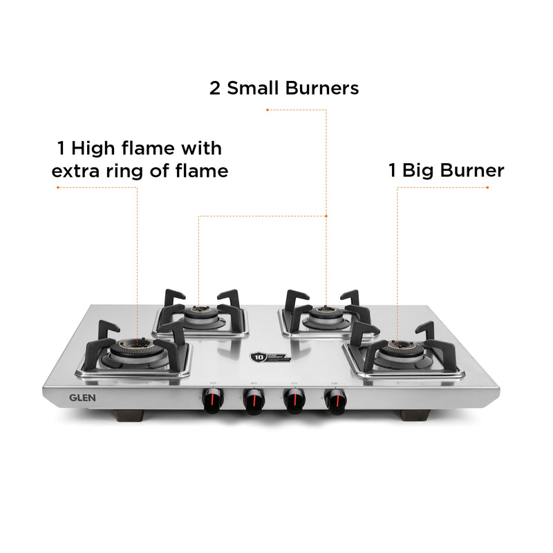 4 Burner Ultra Tuff Stainless Steel Gas Stove with High Efficiency Forged Brass Burners - Manual/Auto Ignition (CT1054UTDTSS)