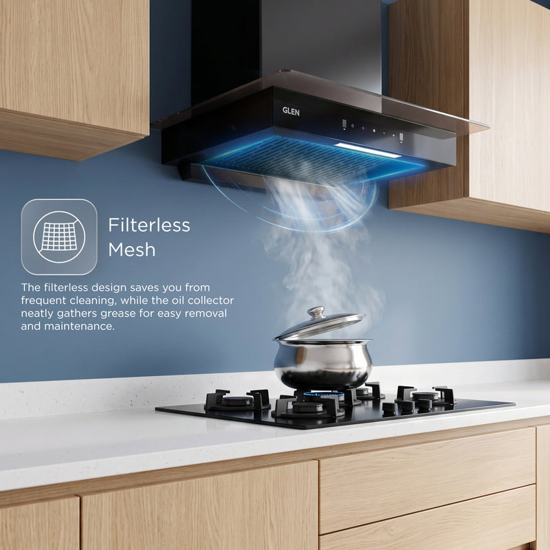 Auto Clean Slim Glass Filter less Kitchen Chimney with Motion Sensor 60/90cm, 1200 m3/h (6062 SLIM BL AC)