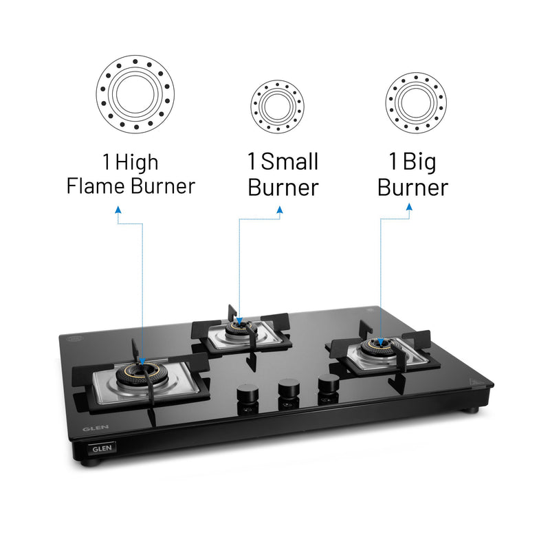 3 Burner Ultra Slim Glass Gas Stove with High Efficiency Forged Brass Burners Top Knobs - Manual/Auto Ignition (CT1037USTN)