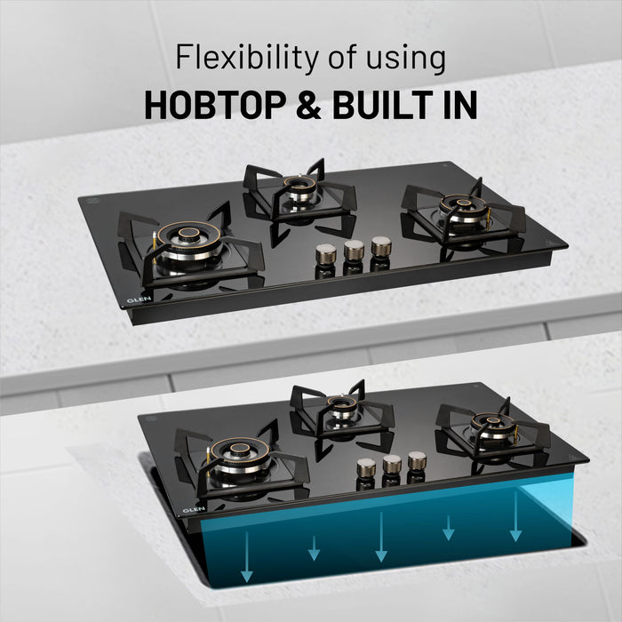 3 Burner DFVS XL Glass Hob with 2 Triple Ring Forged Brass Burners Auto Ignition (BH1093XLDFHT2TR)