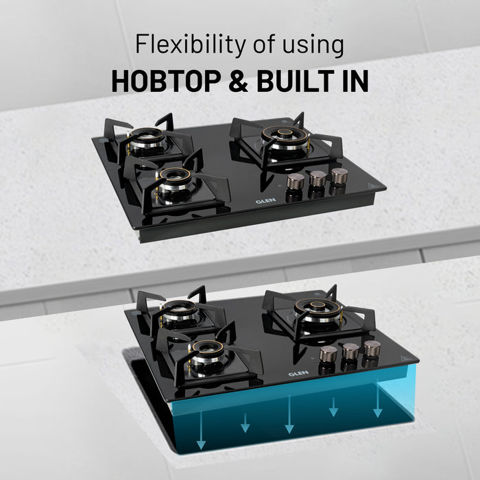 3 Burner DFVS Glass Hob with Triple Ring Forged Brass Burners Auto Ignition (BH1063DFHTTR)