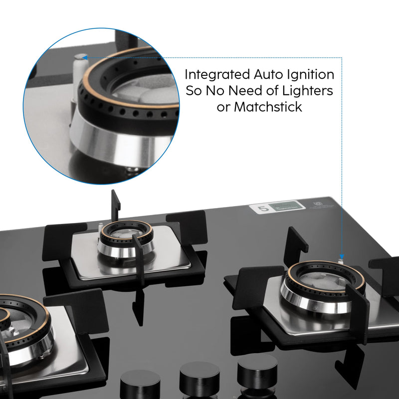 3 Burner Glass Hob Top Triple Ring Burner Double Ring Forged Brass Burners Auto Ignition (1073 XL HT DB BL)