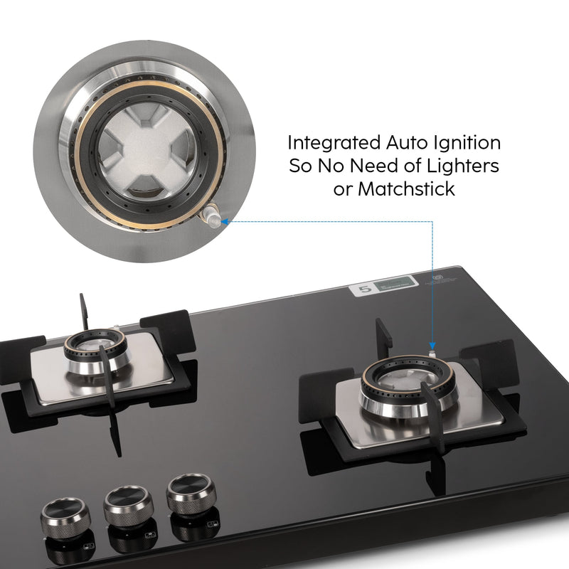 3 Burner Built-in Glass Gas Hob Top Double Ring Forged Brass Burner (1093XLSQHTDBTR)