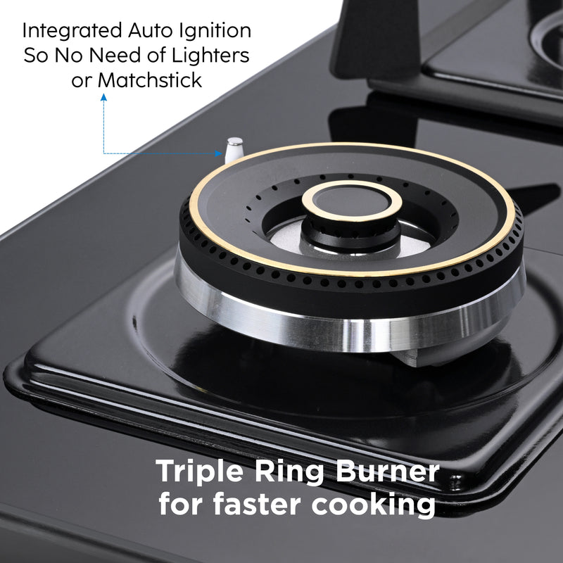 3 Burner DFVS Glass Hob with Mini Triple Ring Forged Brass Burner Auto Ignition (BH1073DFHTMTR70)