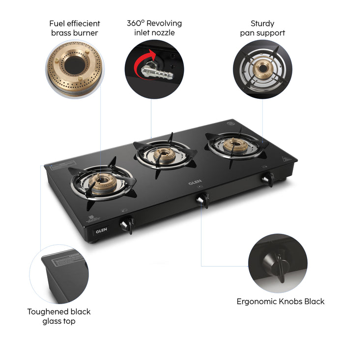 3 Burner Glass Gas Stove with Brass Burner Black - Manual/Auto Ignition (1030 GT BB BL)