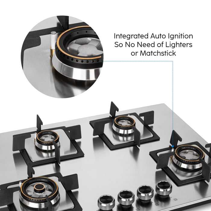 4 Burner Stainless Steel Hob Top Mini Triple Ring, Double Ring Forged Brass Burners Auto Ignition (BH1074SQHTSSDBMT70)