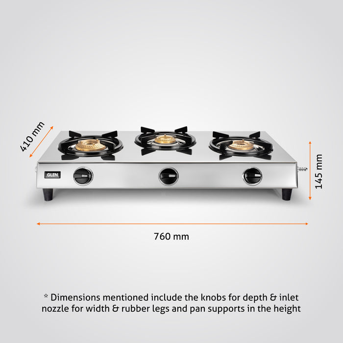 3 Burner Stainless Steel Gas Stove with High Flame Brass Burner (1031 XL SS HF BB)