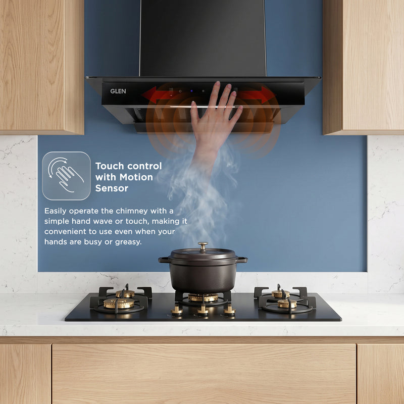 Auto Clean Slim Glass Filter less Kitchen Chimney with Motion Sensor 60/90cm, 1200 m3/h (6062 SLIM BL AC)