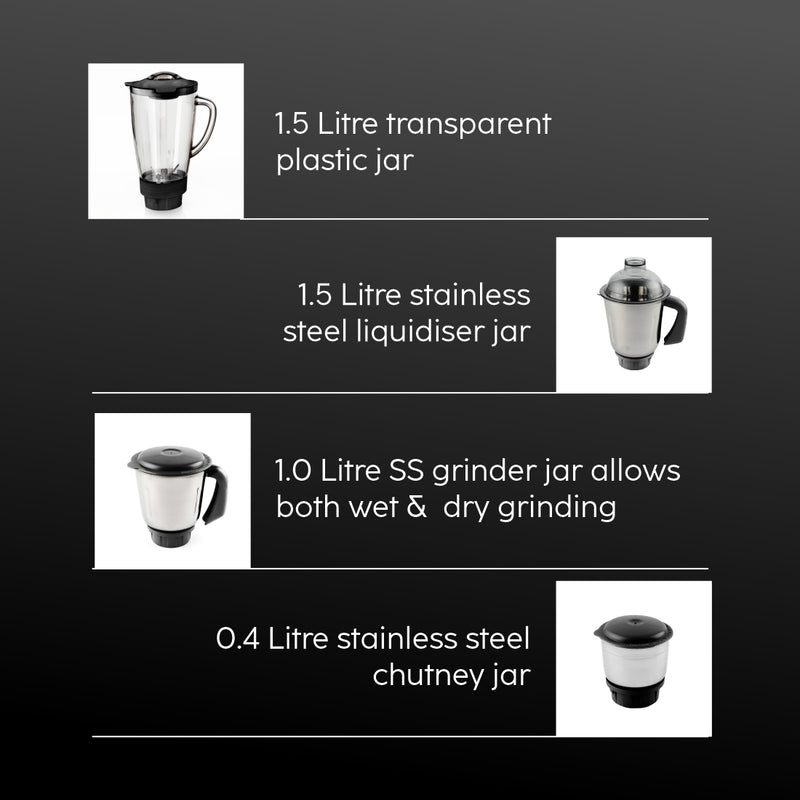 Mixer Grinder 750W with 1 Transparent Jar 3 Stainless Steel Jars - Black & Silver (SA4023PLATINUM)