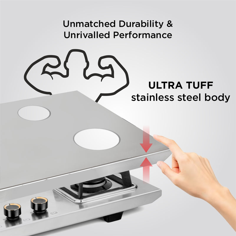 4 Burner Ultra Tuff Stainless Steel Gas Stove with High Efficiency Forged Brass Burners, Top Knobs - Manual/Auto Ignition (CT1054UTTNDTSS)