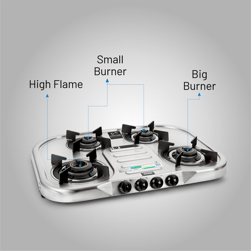 4 Burner Ultra Slim Stainless Steel Gas Stove Extra Wide 1 High Flame 3 Forged Brass Burners - CT1047USDTSS