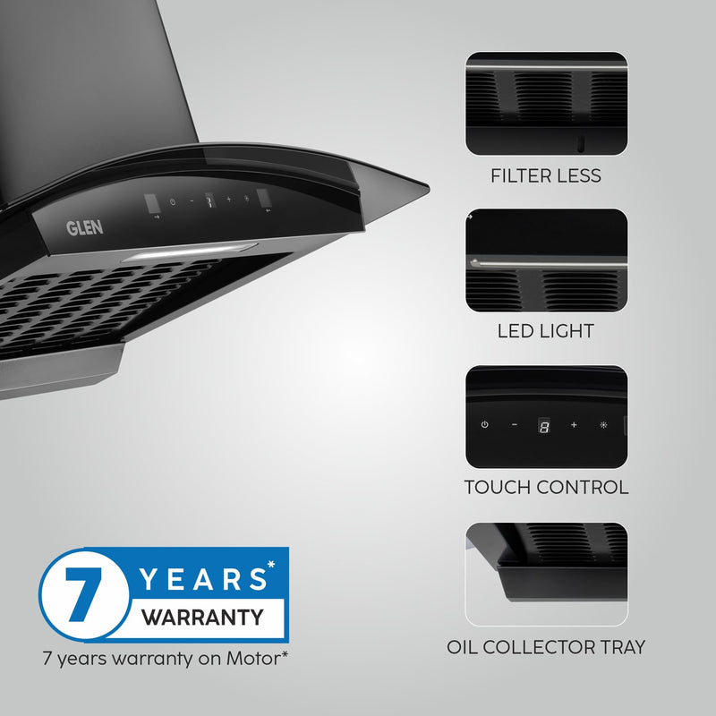 Auto Clean Curved Glass Filter less Kitchen Chimney, Motion Sensor control with Digital Display 60/76/90cm, 1200 m3/h (6058 DI BL AC)