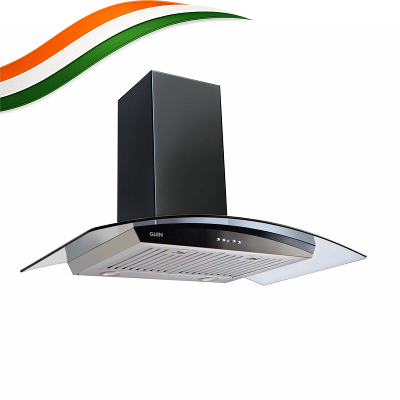 Kitchen Chimney Curved Glass, Push Buttons Baffle filter 90cm 1250 m3/h -Silver with Black Hood (6071 GF)