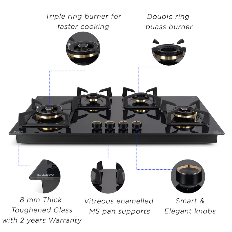 4 Burner DFVS Glass Hob with 2 Triple Ring Total Brass Burners Auto Ignition (BH1094XLDFTHT2TR)