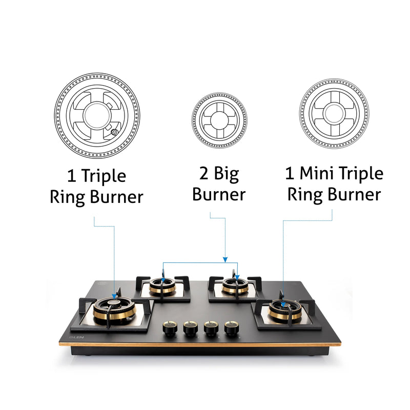 4 Burner Glass Gas Hob Top Mini Triple Ring Burner Double Ring Total Brass Burner with Flame Failure Device Auto Ignition (1074SQHTT2TRMGS)