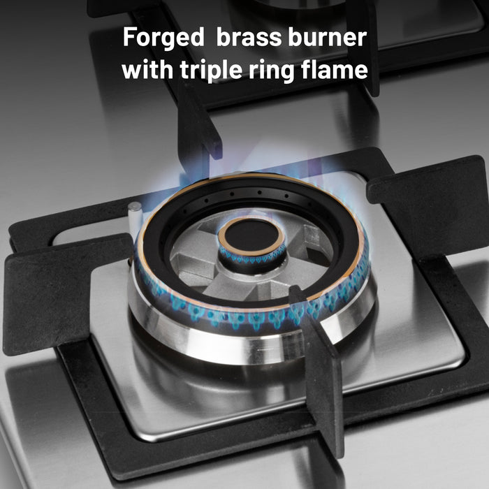 4 Burner Stainless Steel Hob Top Mini Triple Ring, Double Ring Forged Brass Burners Auto Ignition (BH1074SQHTSSDBMT70)