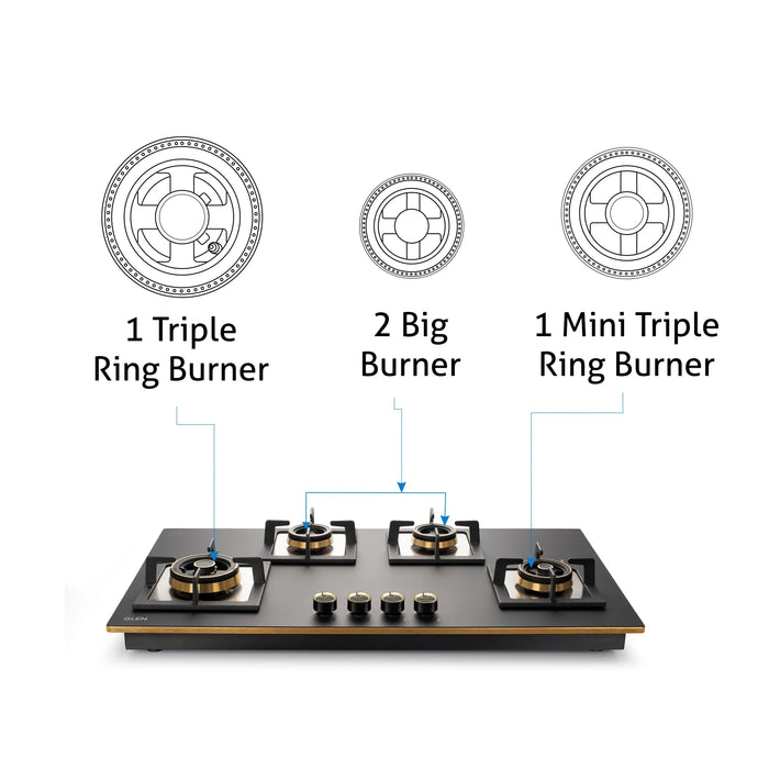 4 Burner Glass Gas Hob Top with Triple Ring Burner Total Double Ring Brass Burner with Flame Failure Device Auto Ignition (BH1094XLHTT2TRMGS)