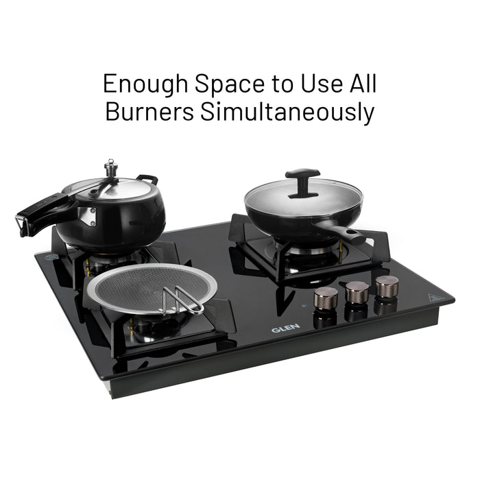 3 Burner DFVS Glass Hob with Triple Ring Forged Brass Burners Auto Ignition (BH1063DFHTTR)