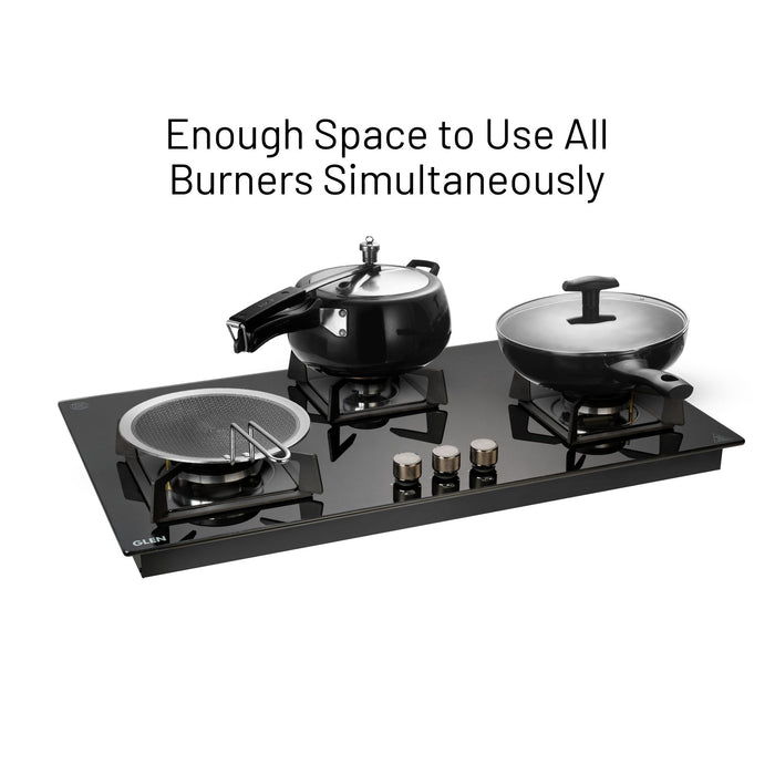 3 Burner DFVS XL Glass Hob with 2 Triple Ring Forged Brass Burners Auto Ignition (BH1093XLDFHT2TR)