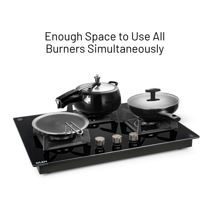 3 Burner DFVS Glass Hob with Mini Triple Ring Forged Brass Burner Auto Ignition (BH1073DFHTMTR70)