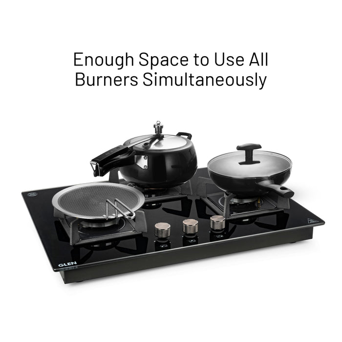 3 Burner DFVS Glass Hob with Mini Triple Ring Forged Brass Burner Auto Ignition (BH1073DFHTMTR70)