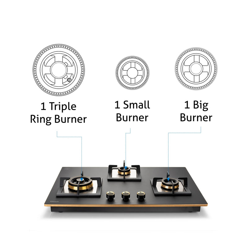 3 Burner Glass Hob Top Triple Ring Burner Total Brass Burners with Flame Failure Device Auto Ignition (1073XLCIHTTTRMGS)