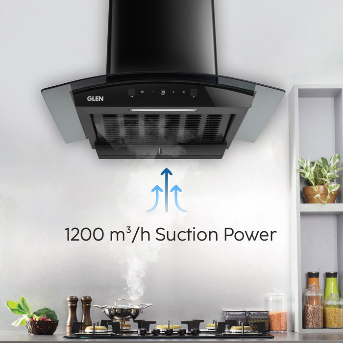 Auto Clean Curved Glass Filter less Kitchen Chimney, Motion Sensor control with Digital Display 60/76/90cm, 1200 m3/h (6058 DI BL AC)