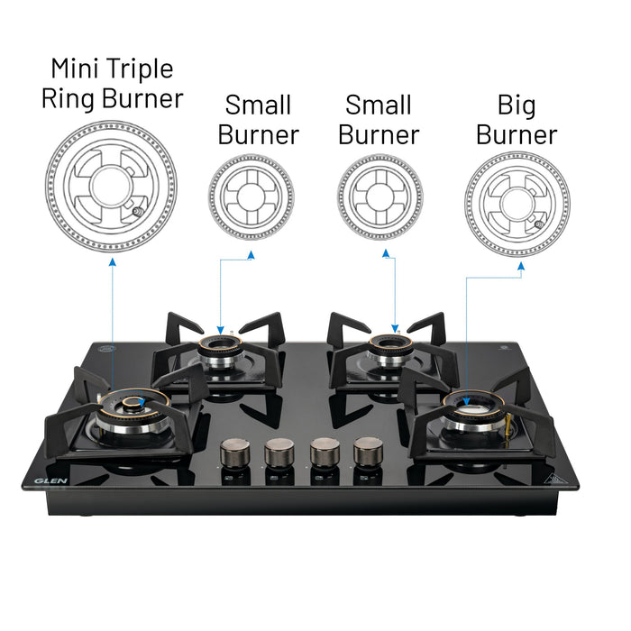 4 Burner DFVS Glass Hob with Mini Triple Ring Forged Brass Burner Auto Ignition (BH1074DFHTMTR70)