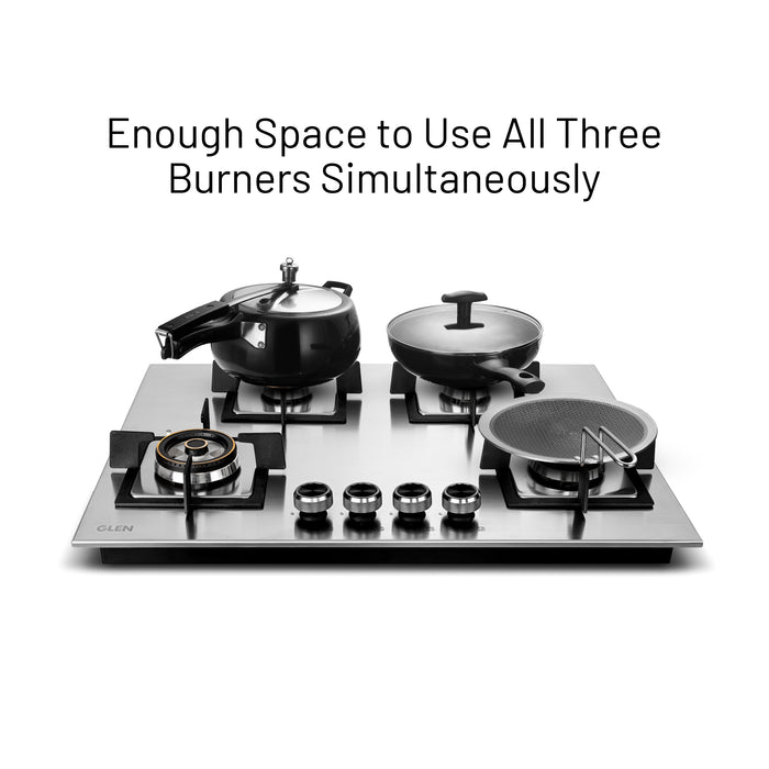 4 Burner Stainless Steel Hob Top Mini Triple Ring, Double Ring Forged Brass Burners Auto Ignition (BH1074SQHTSSDBMT70)