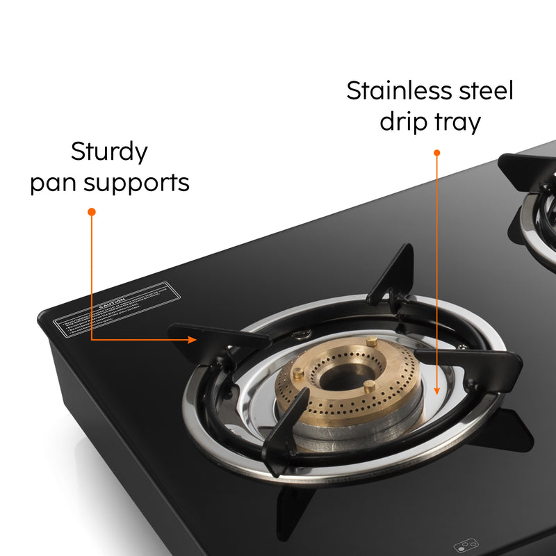 3 Burner Glass Gas Stove with sturdy pan support and stainless steel drip tray