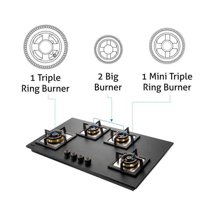4 Burner Glass Gas Hob Top with Triple Ring, Total Double Ring Brass Burner (1094XLCIHTT2TRMG)