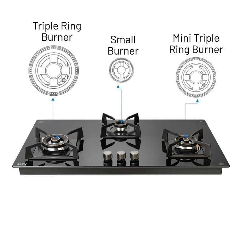 3 Burner DFVS XL Glass Hob with 2 Triple Ring Forged Brass Burners Auto Ignition (BH1093XLDFHT2TR)