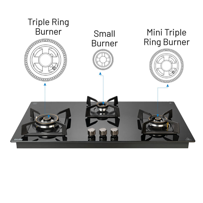 3 Burner DFVS XL Glass Hob with 2 Triple Ring Forged Brass Burners Auto Ignition (BH1093XLDFHT2TR)