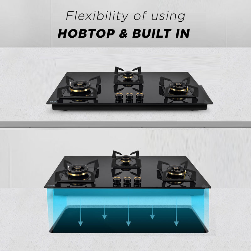 3 Burner DFVS Glass Hob with 2 Triple Ring Total Brass Burners Auto Ignition (BH1093XLDFTHT2TR)
