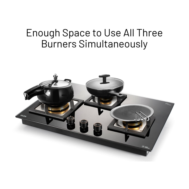 3 Burner Extra Large Glass Gas Hob Top with Triple Ring, Total Double Ring Brass Burner (1073XLCIHTTDBBL)