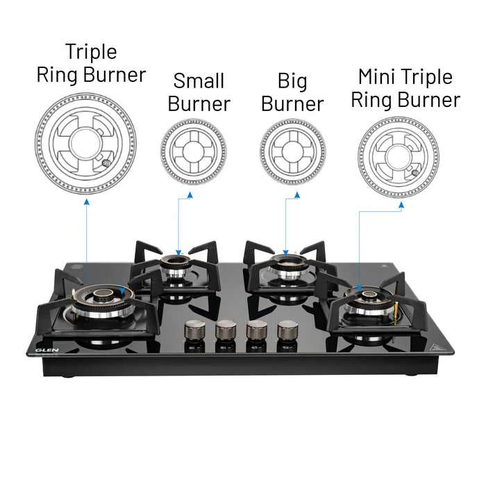 4 Burner DFVS Glass Hob with 2 Triple Ring Forged Brass Burners Auto Ignition (BH1074DFHT2TR77)