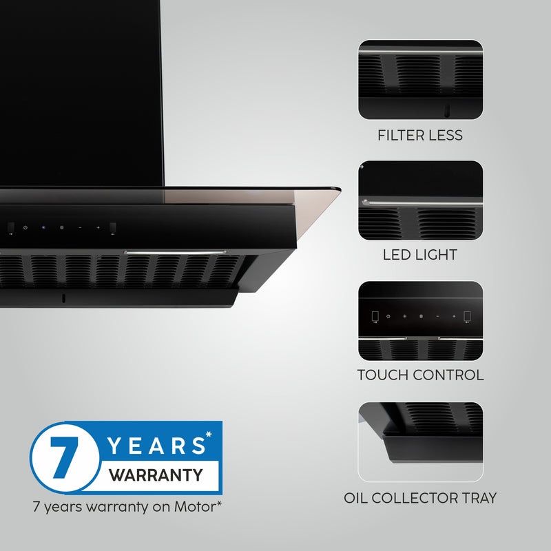 Auto Clean Glass Filter less Kitchen Chimney with Motion Sensor 1200 m3/h (6062 BL Auto Clean 60/90cm)