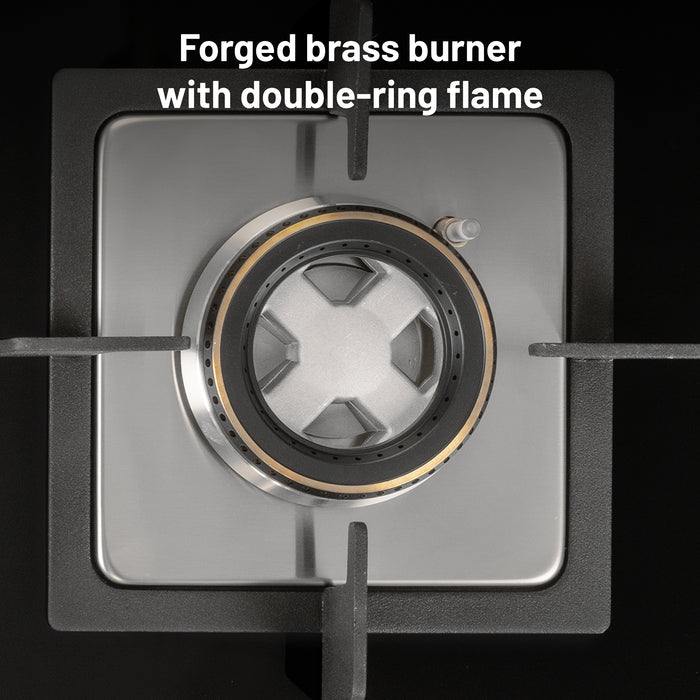 3 Burner Glass Hob Top with Double Ring Forged Brass Burners Auto Ignition (BH 1073 SQ HT DB 70)