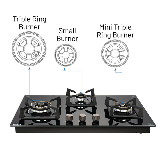 3 Burner DFVS Glass Hob with 2 Triple Ring Forged Brass Burners Auto Ignition (BH1073DFHT2TR77)
