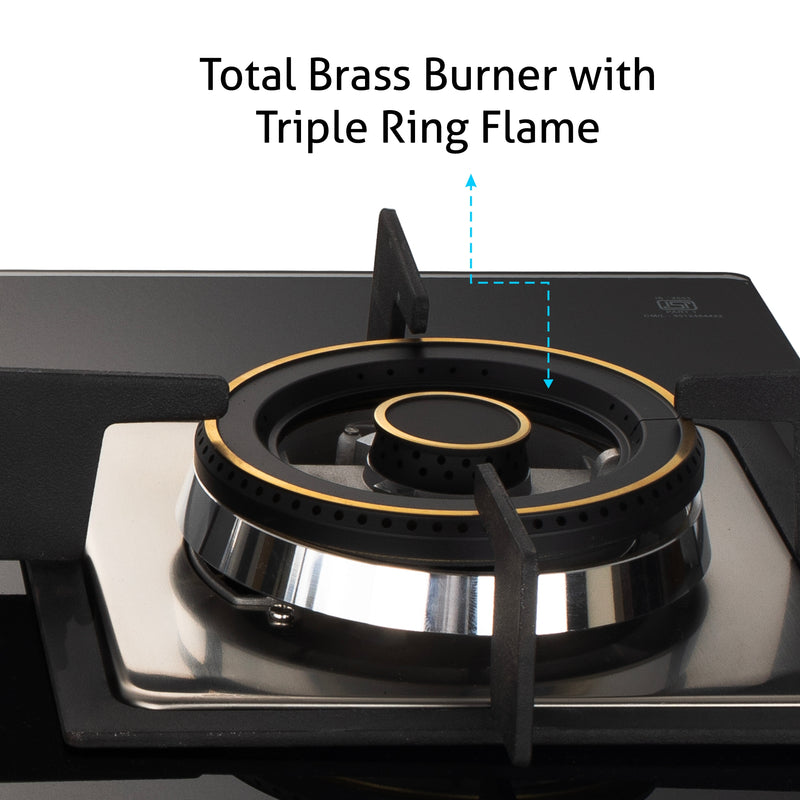 3 Burner Glass Hob Top with Triple Ring Burner Double Ring Forged Brass Burners Auto Ignition (1063 SQ HT DB TR)