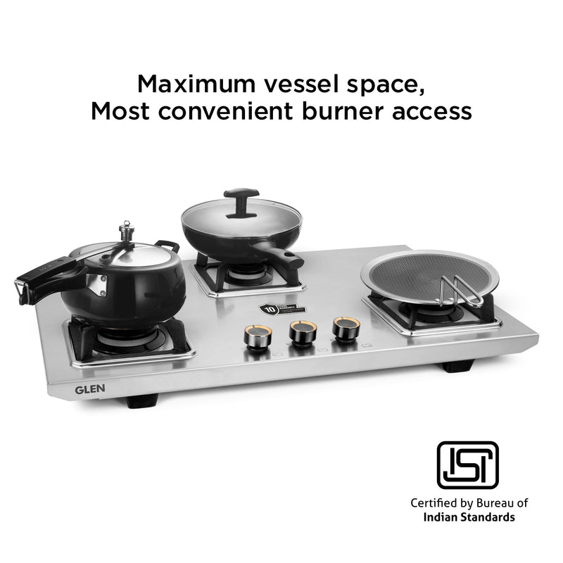 3 Burner Ultra Tuff Stainless Steel Gas Stove with High Efficiency Forged Brass Burners, Top Knobs - Manual/Auto Ignition (CT1053UTTNDTSS)