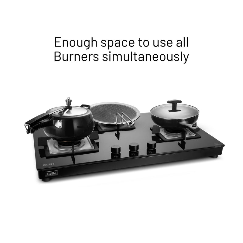 3 Burner Ultra Slim Glass Gas Stove with High Efficiency Forged Brass Burners Top Knobs - Manual/Auto Ignition (CT1037USTN)