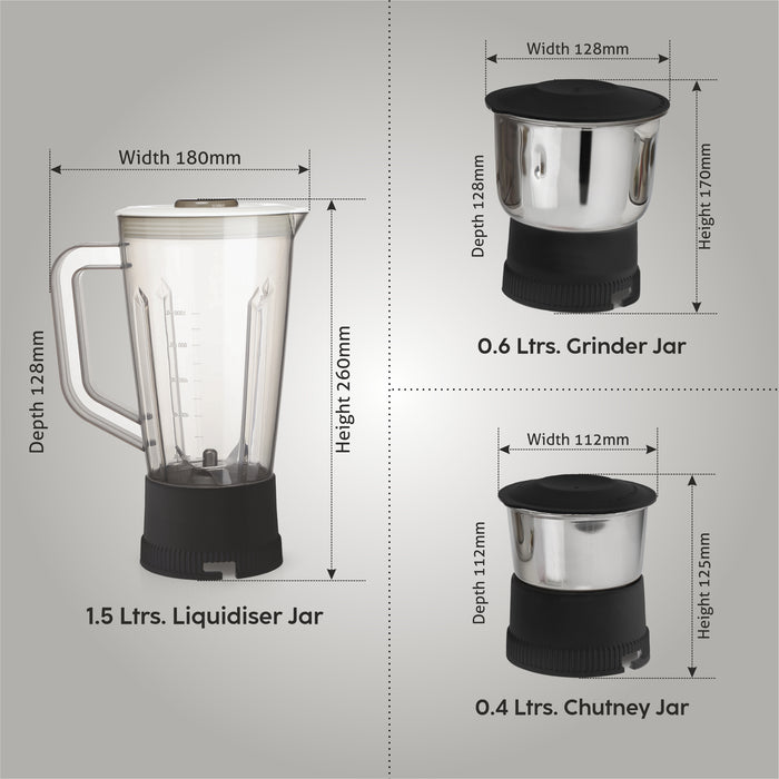 3-in-1 Juicer Mixer Grinder 600W with 1 Transparent Liquidiser, 2 Stainless Steel Grinder Jars - Black (SA4014JAR3)