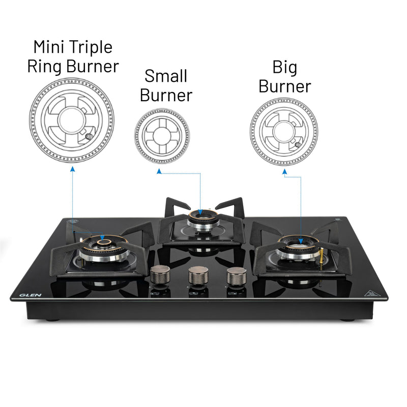 3 Burner DFVS Glass Hob with Mini Triple Ring Forged Brass Burner Auto Ignition (BH1073DFHTMTR70)